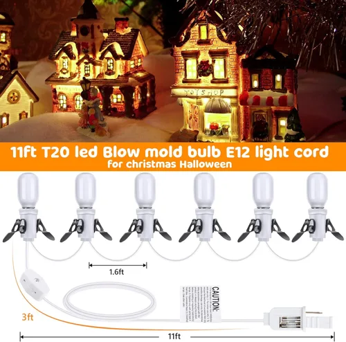 Vista 6 de Meonum Paquete de 2 Cables de Accesorios con 6 Bombillas LED T20, Luz de Molde Soplado para Interiores Blanco Cálido con Interruptor, Luz E12