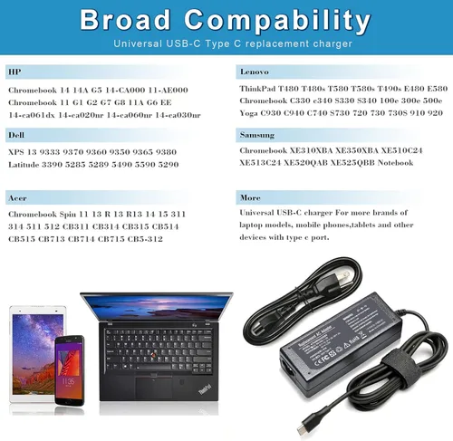 Vista 5 de Cargador USB-C de 65 W 45 W para Lenovo ThinkPad T480 T480s T490s T580 T580s T590 E480 E580 E585 Chromebook 100e 300e 500e C330 C340 S330 Yoga C930