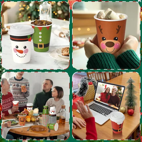 Vista 5 de 100 vasos de papel de Navidad de 12 onzas con tapas, tazas de té desechables de Navidad para bebidas frías, chocolate caliente, chocolate caliente