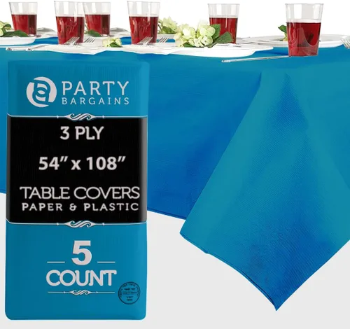 Vista 36 de PARTY BARGAINS Manteles de mesa desechables, 54 x 108 pulgadas, color blanco, 3 capas de papel y plástico, resistentes a derrames, 1 paquete