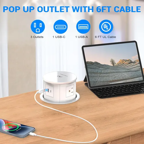Vista 3 de XBA Toma de corriente desplegable con cargador inalámbrico de 15 W, 4 enchufes de CA, 1 USB-A y 1 USB-C, ojales de alimentación de escritorio Blanco