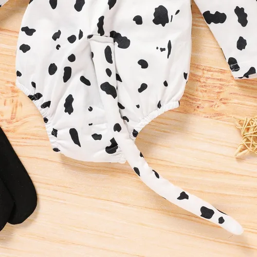 Vista 5 de Conjunto de 3 piezas de disfraz de Halloween para bebé recién nacido, mameluco dálmata con sombrero en forma de oreja + calcetines dálmatas