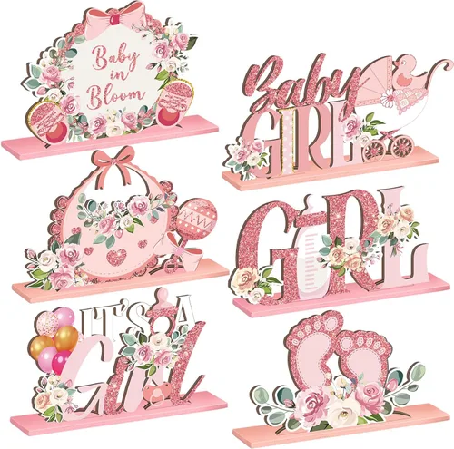 6 piezas de mesa floral para baby shower, centros de mesa de madera para bebé en flor con letras rosadas, revelación de género para niña,