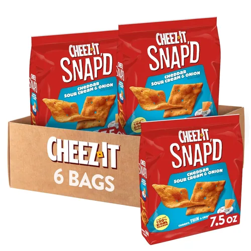 Cheez-It Snap'd Chips de Galletas de Queso, Crujientes Delgadas, Aperitivos para el Almuerzo, Cheddar Crema Agria y Cebolla, Caja de 45oz (6 Bolsas)
