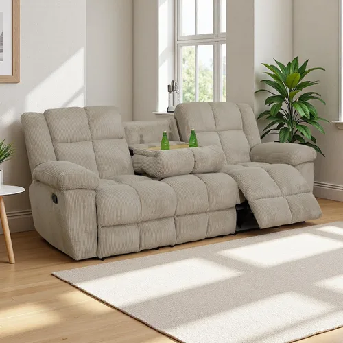 Vista 12 de Juego de sofá reclinable de pana, sofá reclinable manual con portavasos/mesa auxiliar, cómodos sofás reclinables de tela, juegos de muebles de sala