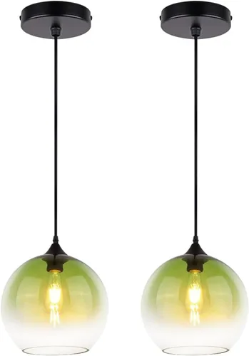 Vista 9 de Green Hand Blown Glass Globe Pendant Lights Mid Century Modern Ceiling Hanging Light Fixtures 8.2“ Farmhouse Striped Gold Chandelier for Kitchen