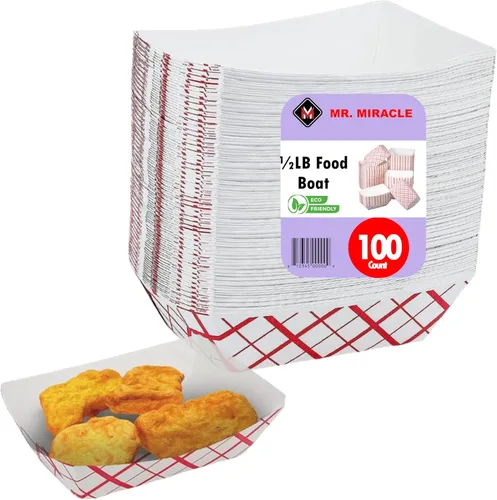 Vista 8 de Mr Miracle Bandejas de papel para alimentos, papel a cuadros rojo y blanco. Extra pequeñas (1/2 lb). Paquete de 100, botes desechables