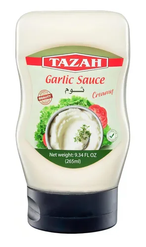Tazah Salsa de ajo libanesa de 9.34 onzas líquidas, botella exprimible auténtica aderezo cremoso de ajo de Oriente Medio, ideal para Shawarma