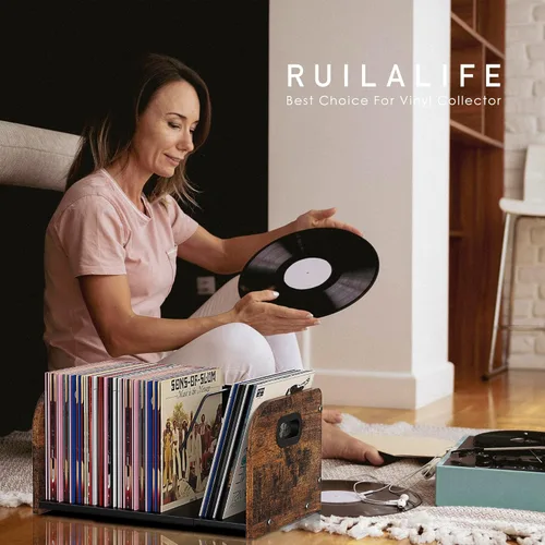 Vista 2 de RUILALIFE Soporte de almacenamiento de discos de vinilo, estante extensible para discos con divisor móvil, soporte de estante de exhibición de álbum