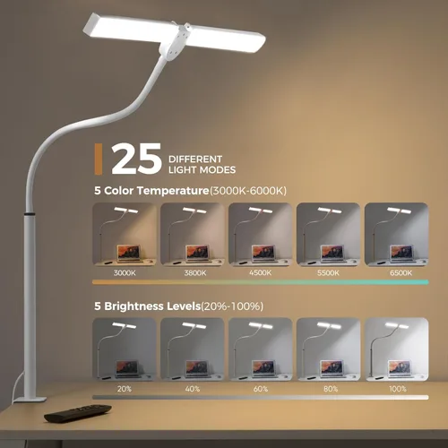 Vista 2 de Lámpara de escritorio LED para oficina en casa, luz de arquitecto para el cuidado de los ojos con abrazadera, lámpara inteligente de doble cabezal