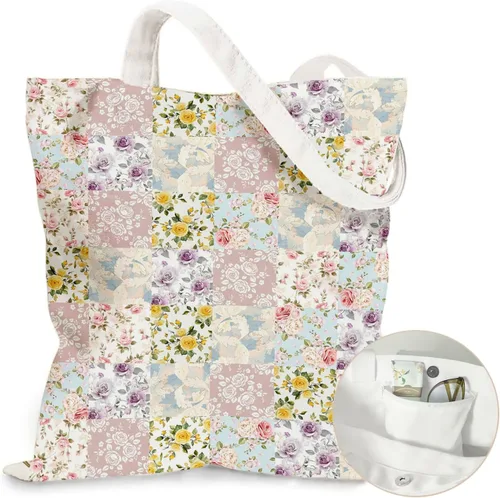 Vista 15 de Bolsa de lona estética para mujer, con cierre magnético a presión y bolsillo interior con cremallera, bolsa reutilizable