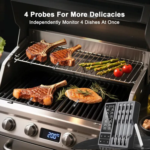 Vista 2 de Termómetro inalámbrico de carne con temporizador inteligente y alertas de APP, termómetro para parrilla de alimentos Bluetooth de 244 m, 4 sondas
