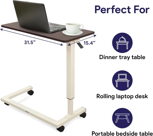 Vista 7 de Medacure Mesa de cama de hospital, caoba, mesa para colocar sobre la cama con ruedas y altura ajustable, para alimentos, laptop y escritorio