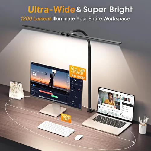 Vista 8 de Syrinx Lámpara de escritorio LED para oficina y hogar – Luz de escritorio de doble cabezal con cuello de ganso flexible, abrazadera, control por