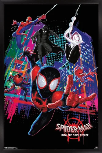 Trends International Marvel Spider-Man - Póster de pared con texto en inglés "Into The Spider-Verse", 22.375 x 34 pulgadas, versión enmarcada en