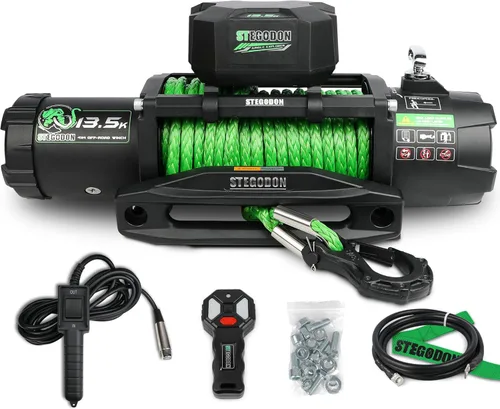 Vista 8 de Cabrestante eléctrico de 9500 libras, cabrestante de 12 V con cuerda sintética, cabrestante para remolque de coche con guía Hawse verde, control