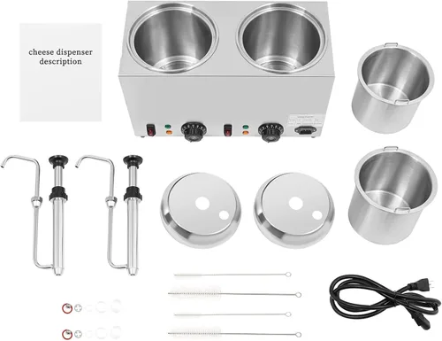 Vista 7 de Dispensador de doble calentador de salsa con bomba, calentador de salsa de queso nacho de acero inoxidable de 2.64 cuartos de galón con control