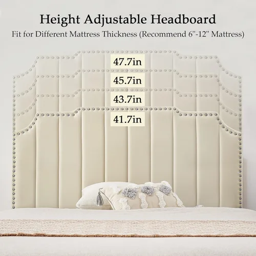 Vista 5 de VECELO Base de cama tamaño Queen tapizada con cabecera ajustable copetuda/base de colchón con soporte de listones de madera, fácil montaje, beige