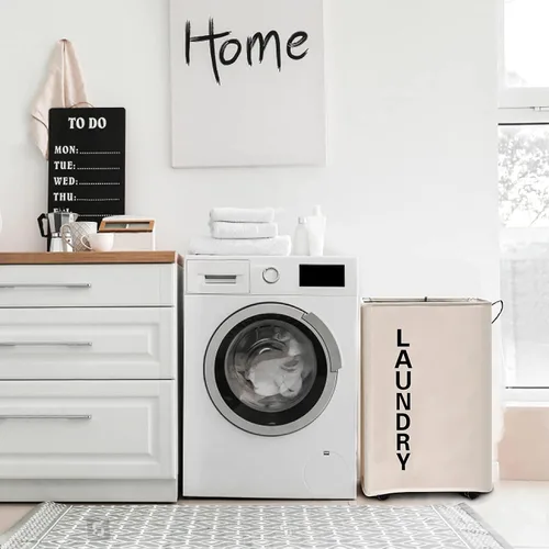 Vista 4 de Cesta de lavandería grande de 92 litros con mango de cuero, cesta de lavandería estable con ruedas, canasta grande, cesta de lavandería con ruedas