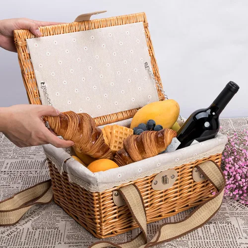 Vista 6 de JOLLY HOME Cesta de picnic para 2 personas, cesta de picnic de mimbre hecha a mano con dos asas de lona tejida y forro de lino lavable, cesta