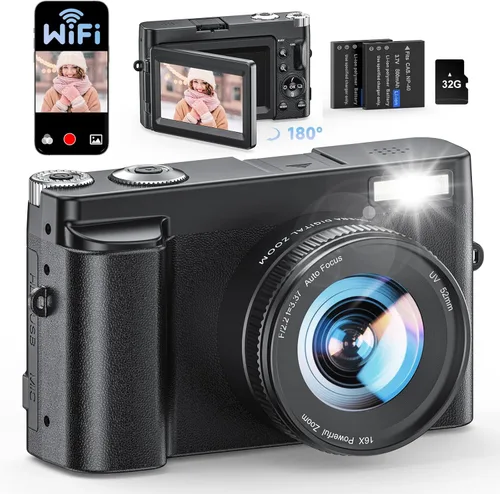Vista 8 de Cámara digital 4K para fotografía, cámara de vlogging WiFi de 64MP para YouTube con enfoque automático, pantalla giratoria de 180° de 3", cámaras