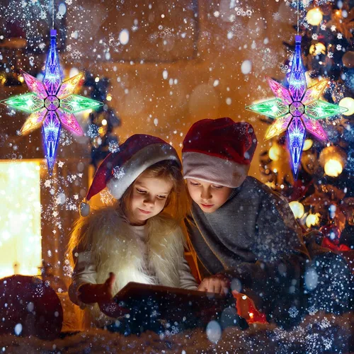 Vista 5 de Mudder Luces de estrella de Navidad de 10.8 pulgadas, decoración de estrella de plástico iluminada para árbol de estrellas, estrellas colgantes