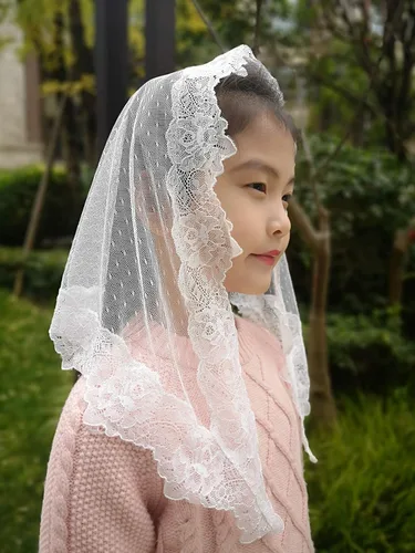 Vista 3 de Velos triangulares de mantilla para niñas de primera comunión, con encaje, misa latina