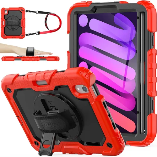Vista 8 de SEYMAC stock Funda para iPad Mini 7 (A17 Pro) 2024/Mini 6 de 8.3 pulgadas con protector de pantalla portalápices [correa de mano giratoria 360º]