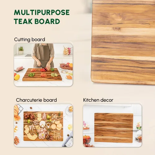 Vista 2 de BEEFURNI Tabla de cortar de madera de teca con agarre de mano (M, 20 x 15 x 1.25 pulgadas), tablas de cortar grandes de madera para cocina, tabla