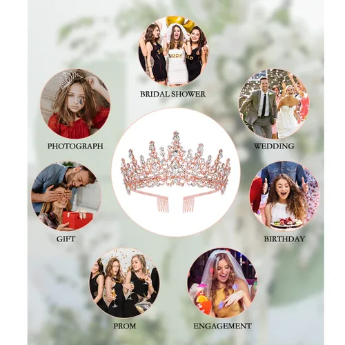 Vista 7 de CURASA Tiaras y coronas de cristal de oro rosa con peine corona de princesa para mujer, corona de boda para novia, coronas de cumpleaños