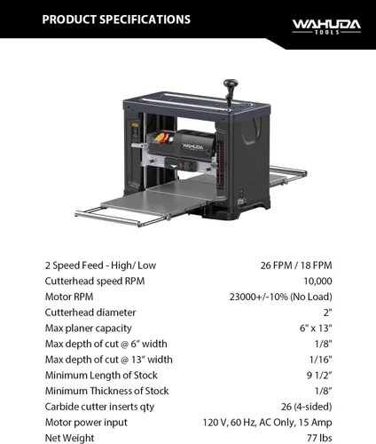 Vista 6 de Wahuda Tools Cepilladora de cabeza de corte en espiral de 13" con puntas de carburo de 4 lados (dos velocidades-nuevas)
