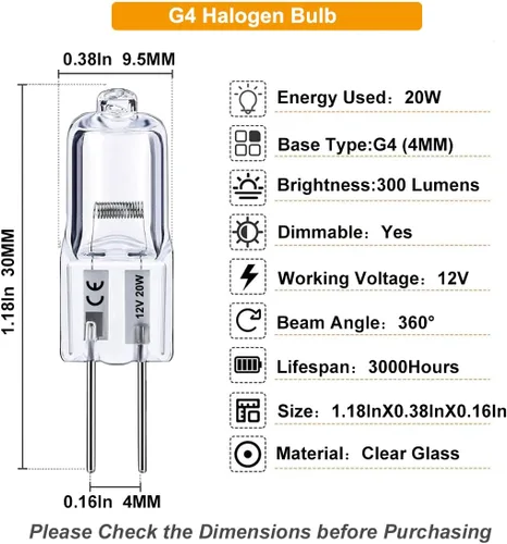 Vista 2 de Bombilla G4, bombillas halógenas G4 de 20 W, 10 bombillas G4 de 12 V CA/CC regulables, base G4 bi-pin 2800 K blanco cálido con larga vida útil, alto
