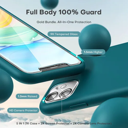Vista 3 de TOCOL Funda 5 en 1 diseñada para iPhone 11, con 2 protectores de pantalla + 2 protectores de lente de cámara, funda delgada de silicona líquida a