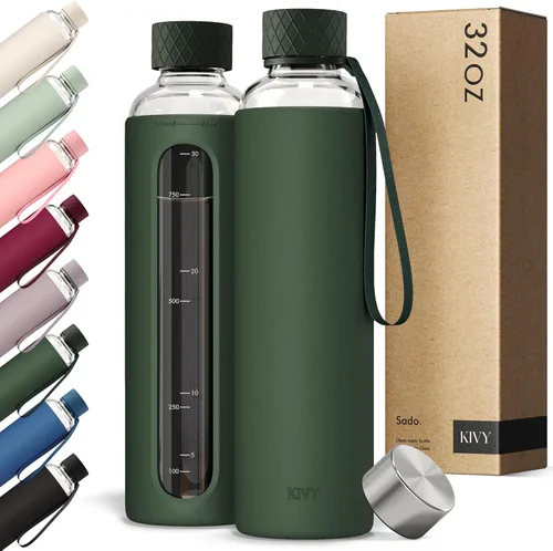 Vista 12 de KIVY Botella de agua de vidrio con funda de silicona de 22 onzas [Con medidas] – Botella de agua de vidrio de borosilicato con tapa de rosca