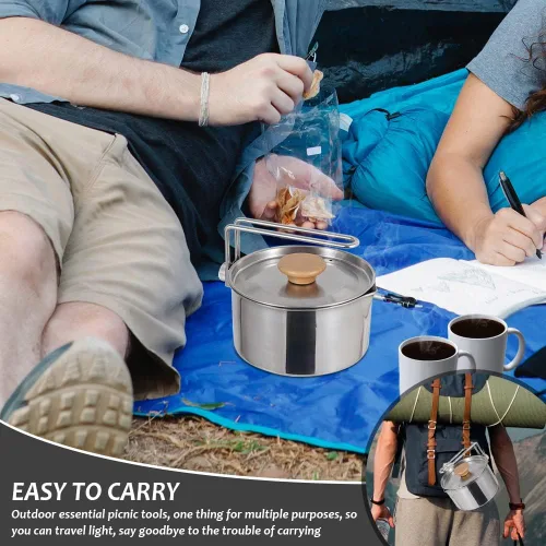 Vista 5 de Olla de camping de acero inoxidable con tapa y mango extraíble, hervidor de agua ligera para acampar al aire libre, fácil de limpiar, olla