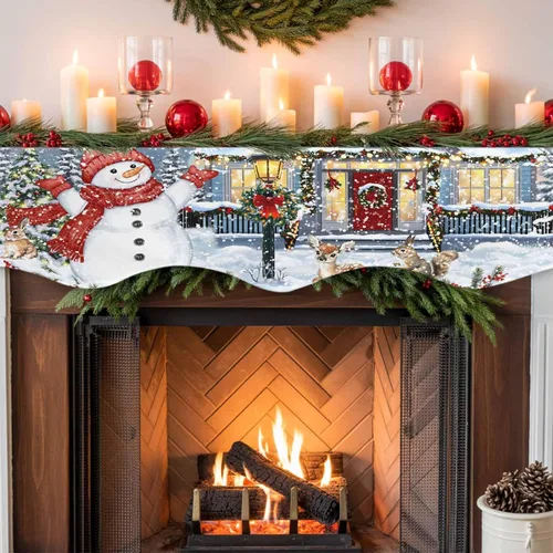 Vista 7 de Bufanda de chimenea de muñeco de nieve de Navidad, diseño de árboles de Navidad de invierno, copos de nieve, alce, chimenea, estante superior