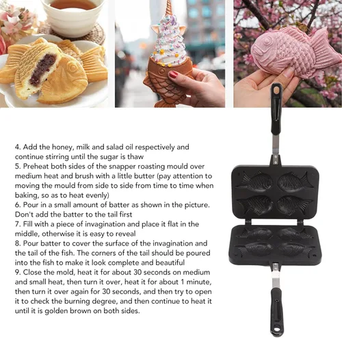 Vista 5 de Taiyaki - Sartén japonesa antiadherente con forma de pez, doble bandeja para hornear panqueques con asa, para hacer pasteles de gofres