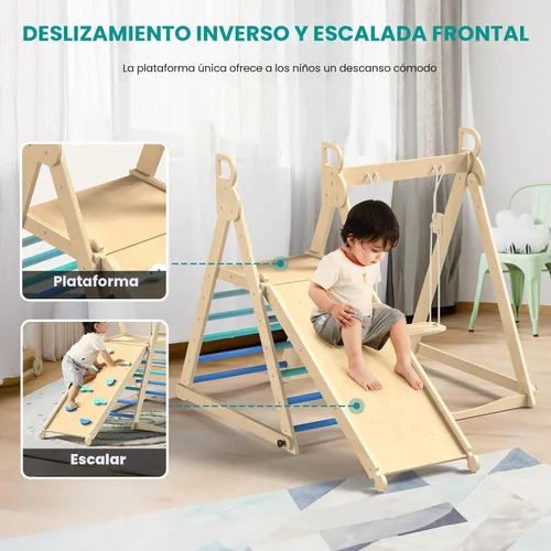Vista 3 de BlueWood Gimnasio de la selva interior 4 en 1, juego de escalada plegable de madera con columpio, tobogán, escalera y pared de escalada, juego