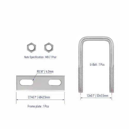 Vista 3 de Pernos en U cuadrados de acero inoxidable 304 de 1 "(25 mm) de ancho interior, 3 "(75 mm) de longitud inoxidable M8 con tuercas, placa de marco