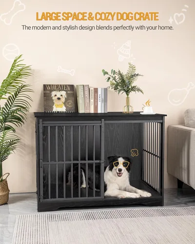 Vista 3 de Hzuaneri Mueble XL grande para perros, muebles de interior para perreras de 44.1 pulgadas con puerta de granero, jaula alta de madera para perros