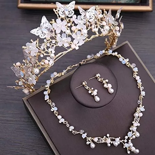 Juego de joyas de lujo con cuentas de cristal de perlas y mariposas, gargantilla, collar, aretes, tiara, joyería de boda (juego de 3 piezas), Perla,