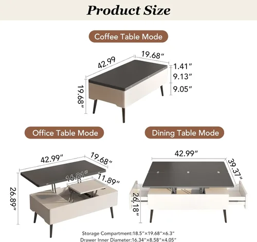 Vista 2 de Guyii Mesa auxiliar elevable con compartimento de almacenamiento oculto, mesa central multifunción 3 en 1, mesa de centro moderna elevable, mesa