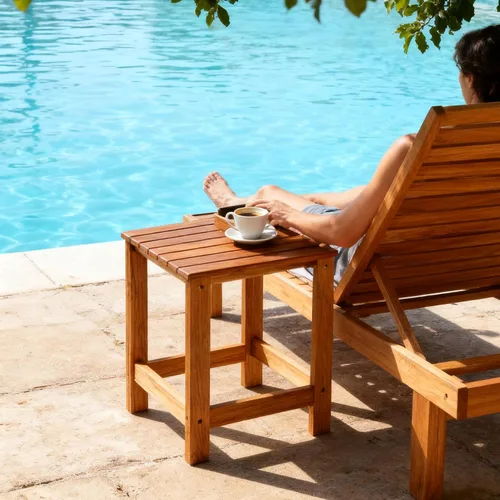 Vista 5 de Utoplike Mesa auxiliar de teca al aire libre para patio, mesa de centro de piscina, mesas auxiliares de madera para jardín, patio trasero, cama