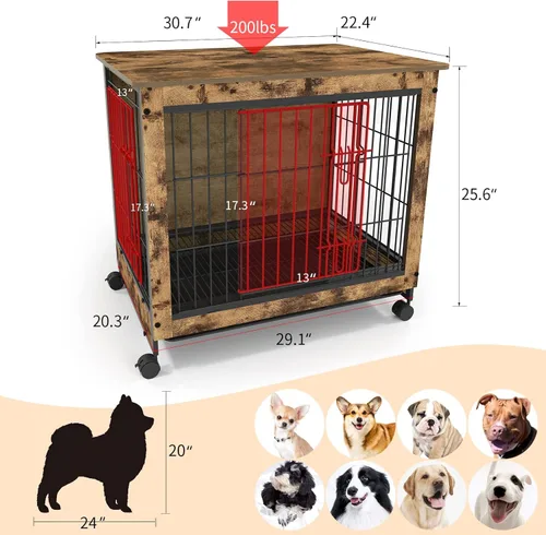 Vista 5 de YOCAN Muebles de madera para perros, mesa auxiliar de jaula de perro de 30.7 pulgadas para perros medianos, puertas dobles de alambre, perreras