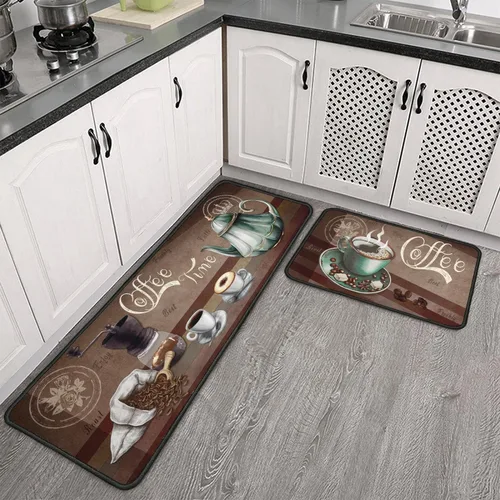 Vista 2 de Juego de 2 alfombras decorativas de café, antideslizantes, lavables, absorbentes, de microfibra para el suelo de la cocina, de 17"x47" + 17"x30