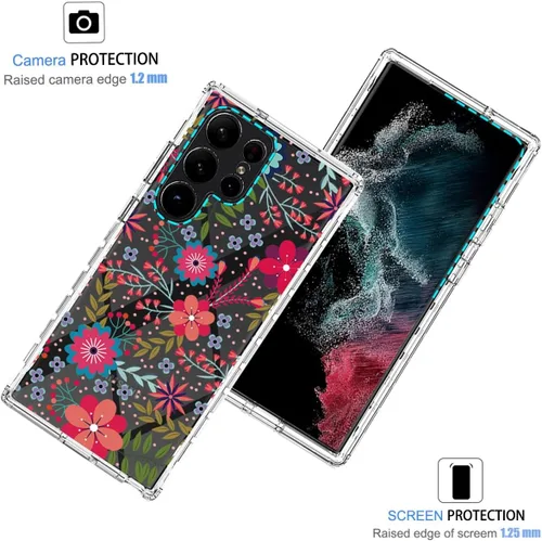 Vista 2 de Funda para Galaxy S23 Ultra, Samsung S23 Ultra S918U con protector de pantalla de vidrio templado, funda protectora de TPU transparente floral