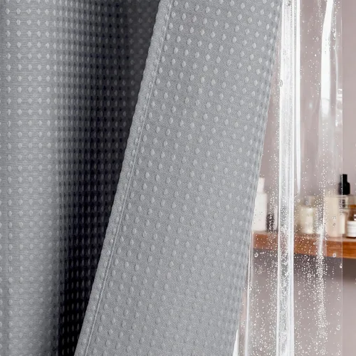 Vista 442 de Cortina de ducha de tela Dynamene verde oscuro - Cortinas de baño de tela de nido de abeja texturizadas resistentes, juego de cortinas de baño