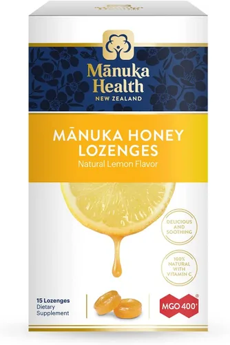 Manuka Health Pastillas de miel de Manuka, 15 pastillas con sabor a limón, pastillas naturales para la garganta infundidas con miel de manuka cruda