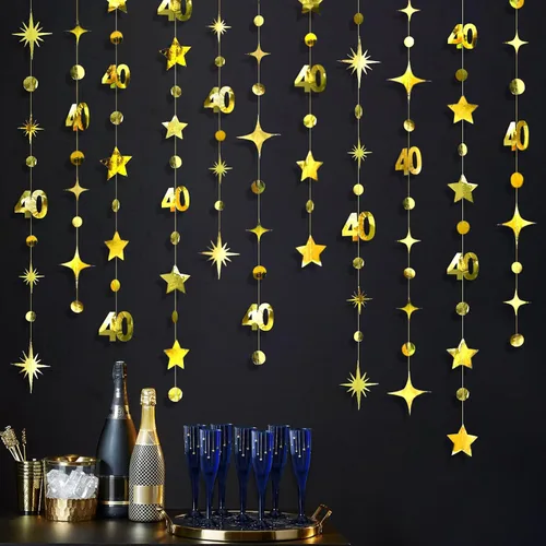 Vista 18 de Decoración de cumpleaños número 40 en negro, punto de círculo número 40, guirnalda de estrellas centelleantes metálica para colgar banderines