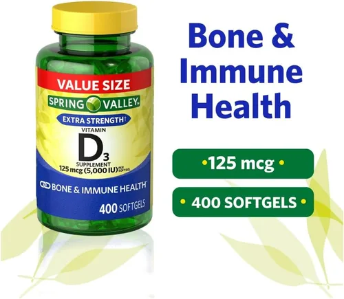 Vista 3 de Cápsulas blandas de vitamina D3 Spring Valley, 125 mcg por cápsula, 5,000 UI, 400 unidades y rodillo de hielo de regalo para la cara